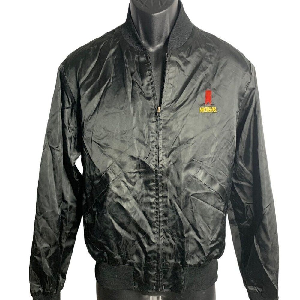 Vintage 80s Michelob Beer Satin Bomber Jacket M Black Full Zipper Pockets